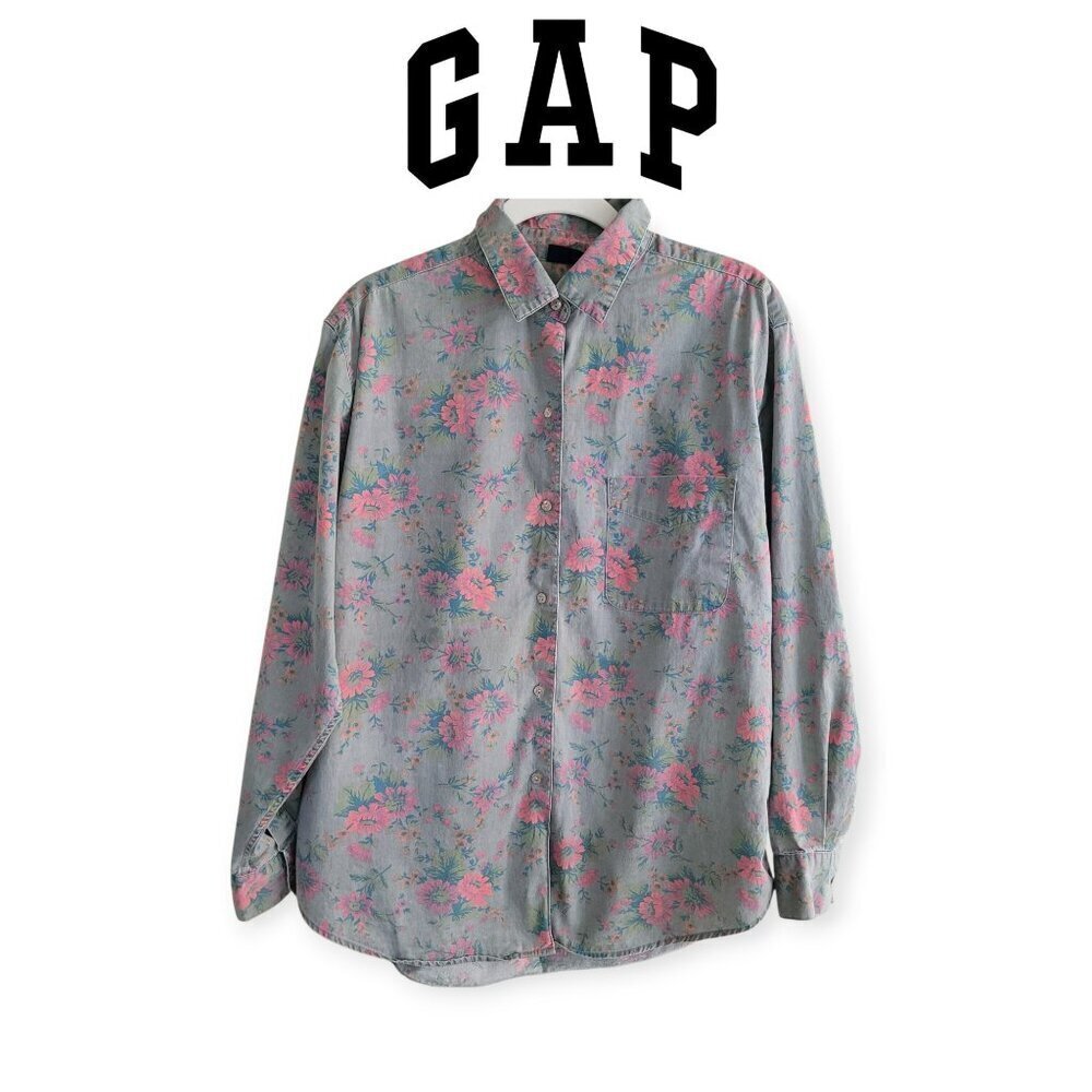 Vintage 90s Gap Grey Floral 100% Cotton Blouse Small Made in Hong Kong